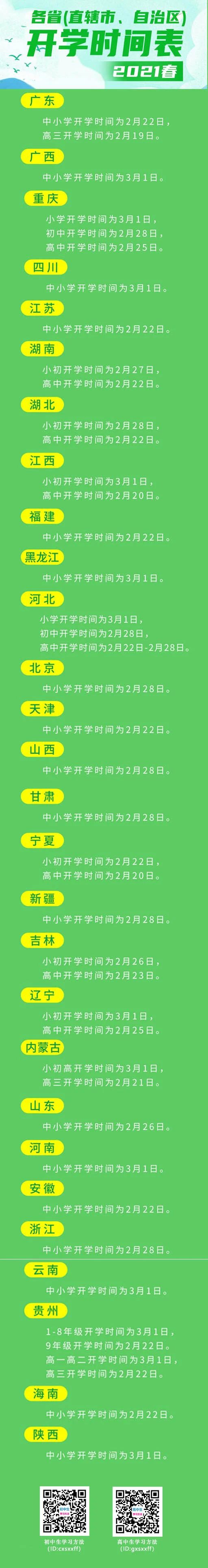 2021全國各省（區、市）中小學開學時間一覽表匯總（及時更新）