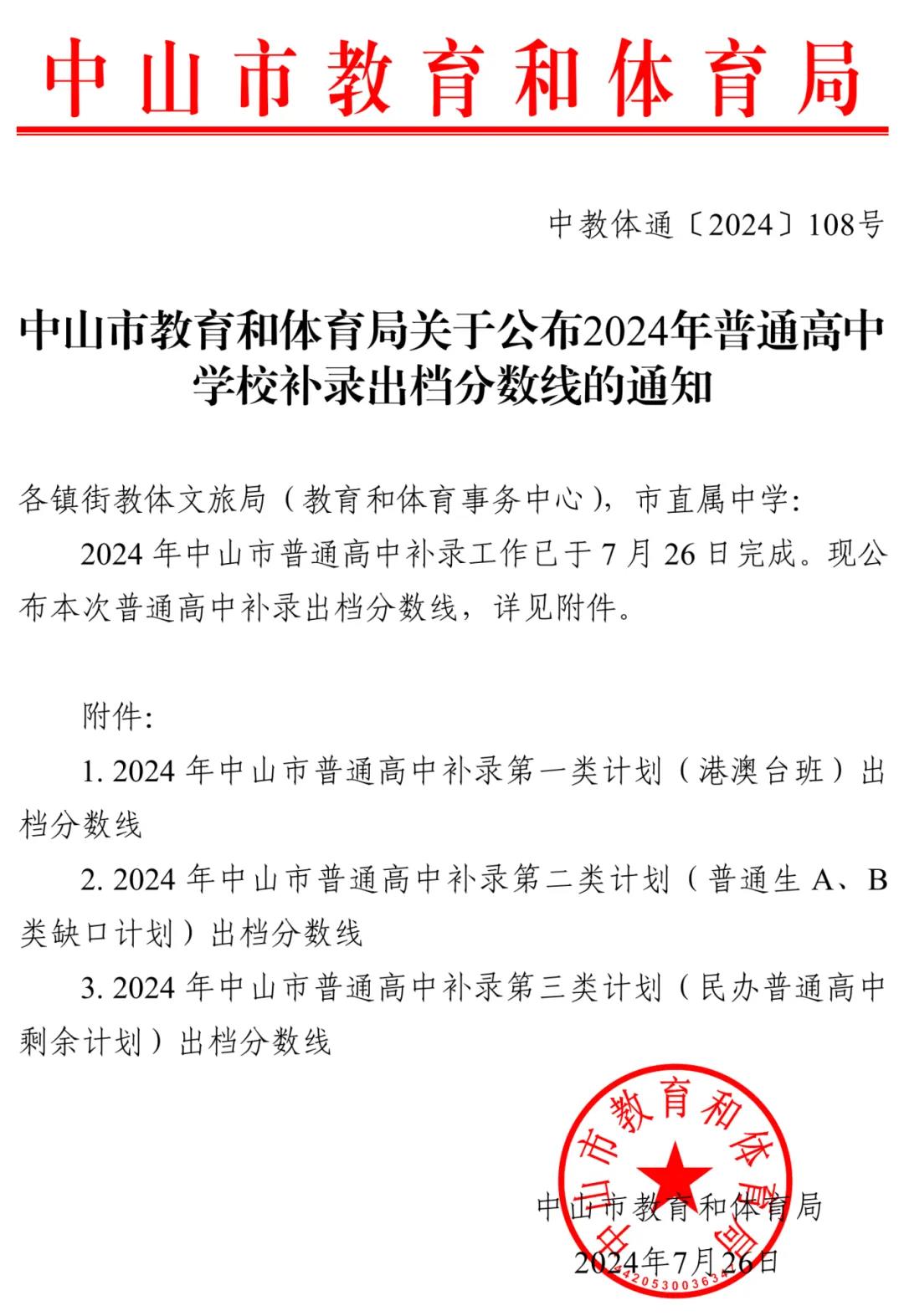2025年中山中考各高中錄取分數線一覽表